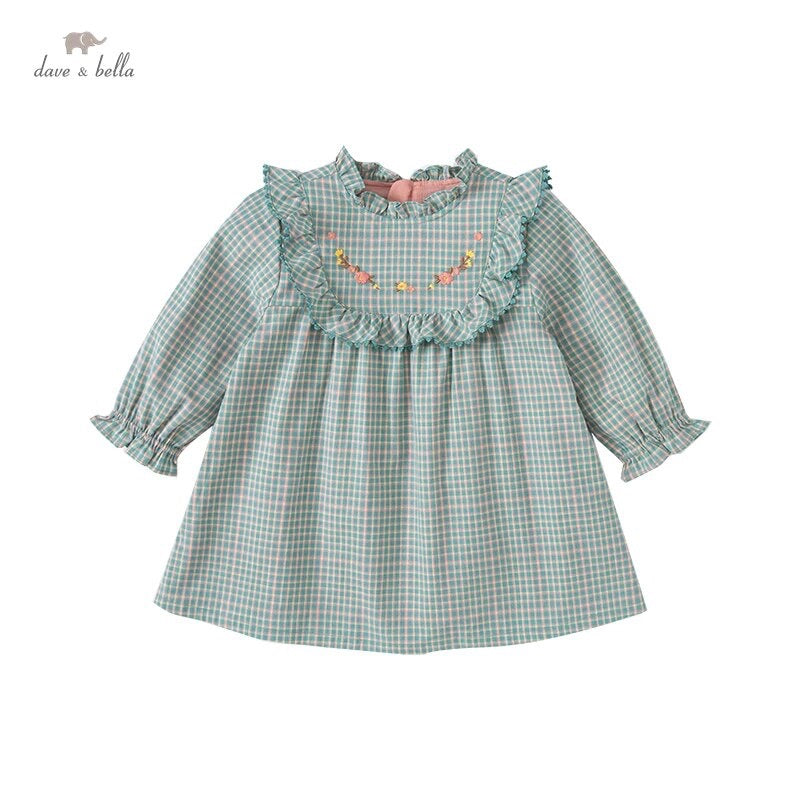 dave&bella Dave Bella Flower embroidery ruffle green check dress DB1220233