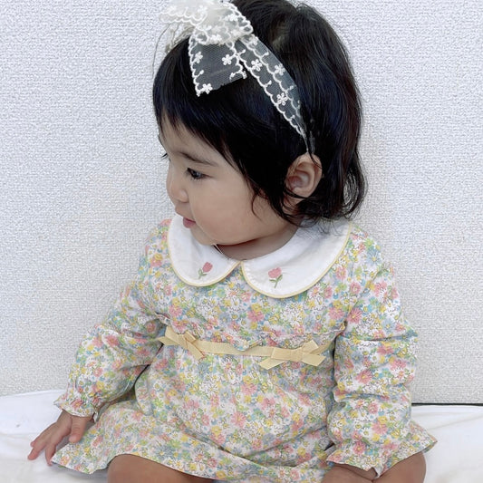 dave&bella デイブベラ チューリップ刺繍襟イエローフローラルワンピース DB1221058