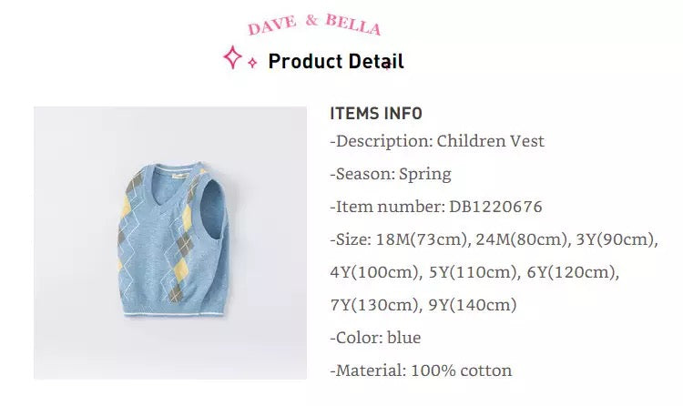 dave&bella Dave Bella Argyle Design Blue Vest DB1220676