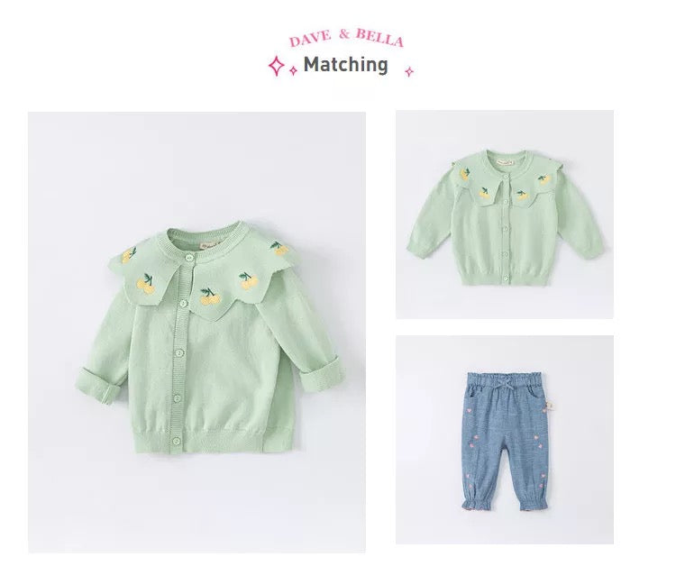 dave&bella デイブベラ チェリー刺繍ビッグカラーライトグリーンカーディガン DB1220488