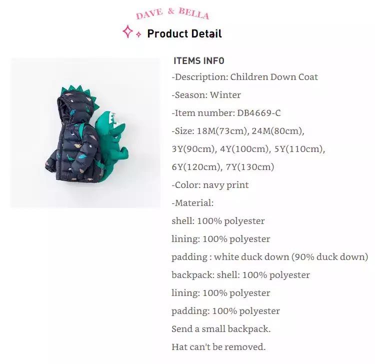 dave&bella dave bella down jacket with dinosaur backpack 24M