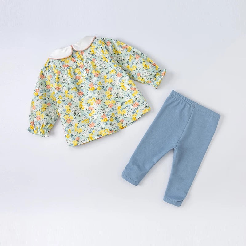 dave&bella デイブベラ ペタル襟イエローグリーンフローラルブラウスセットアップ DB1220785