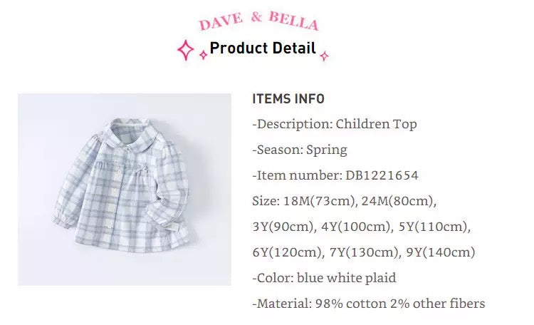 dave&bella dave bella pale blue check blouse DB1221654 100cm