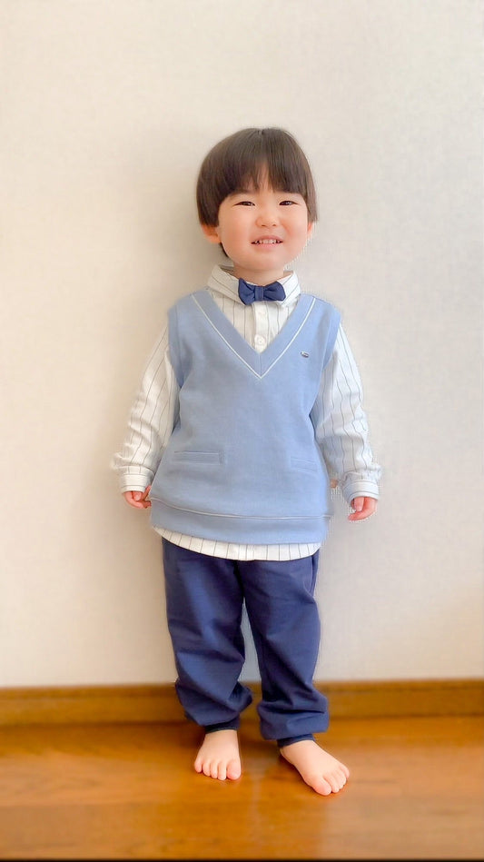 dave&bella Light blue vest docking tops with bowtie & navy pants set DB1220499