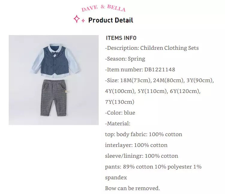 dave&bella Dave Bella blue vest docking shirt setup with bowtie DB1221148