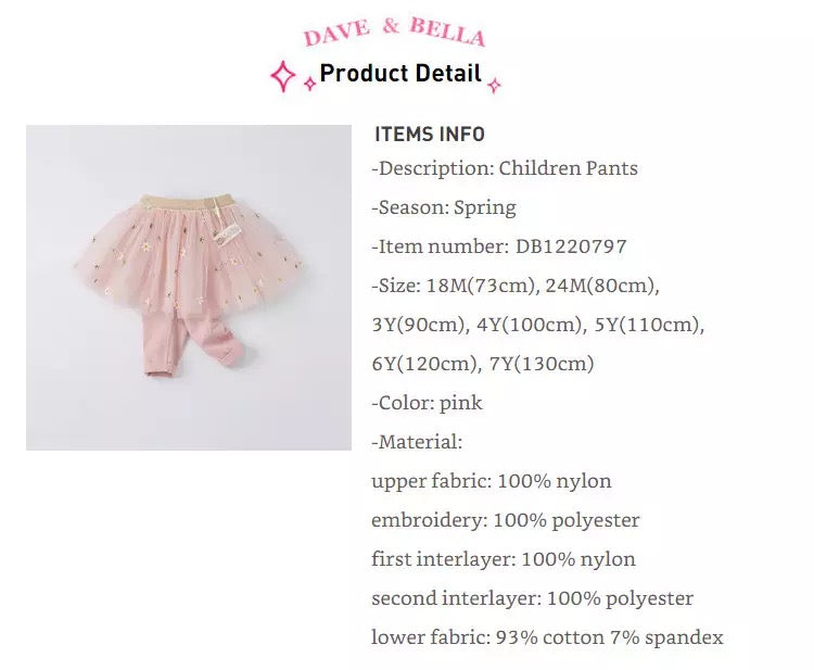 dave&bella Dave Bella Flower Embroidery Tulle Skirt Leggings DB1220797