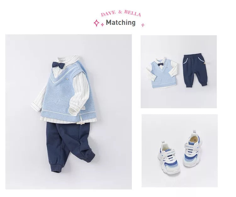 dave&bella デイブベラ ボウタイ付きライトブルーベストドッキングトップス&ネイビーパンツセット DB1220499