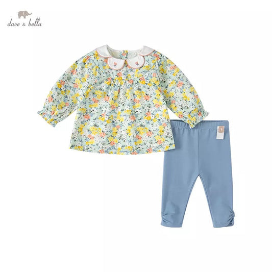 dave&bella petal collar yellow green floral blouse setup DB1220785