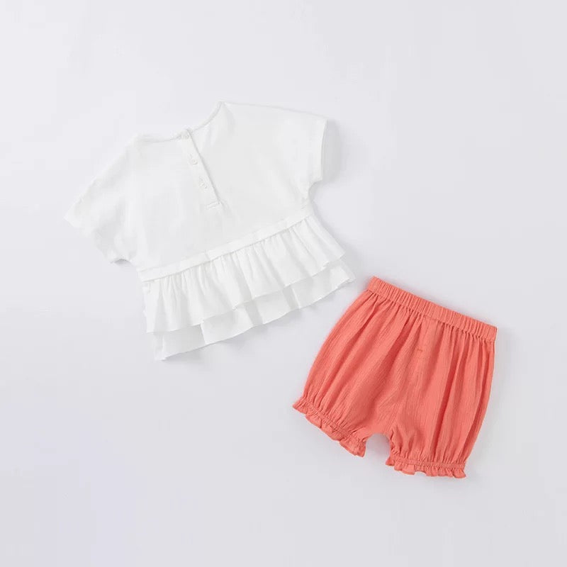 dave&bella デイブベラ バックフリルシェルタツノオトシゴトップス&オレンジパンツセット