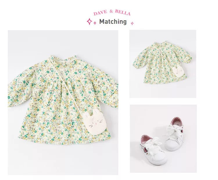 dave&bella デイブベラ ポシェット付きグリーンイエローフローラルワンピース DB3222705 90cm