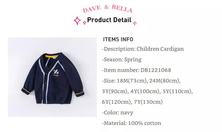 dave&bella Dave Bella Airplane Embroidery Navy Cardigan DB1221068