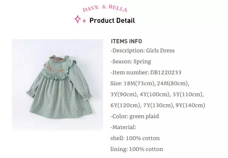 dave&bella Dave Bella Flower embroidery ruffle green check dress DB1220233