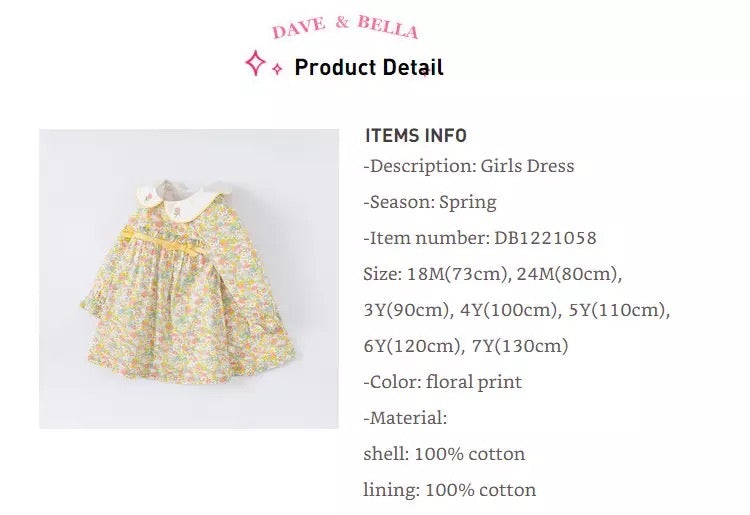 dave&bella Dave Bella Tulip embroidery collar yellow floral dress DB1221058