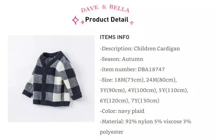 dave&bella Dave Bella Navy Block Check Cardigan 24M