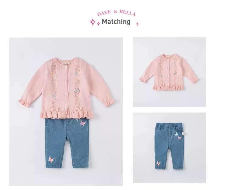 dave&bella デイブベラ バタフライ刺繍ピンクリボンカーディガン DB1221018