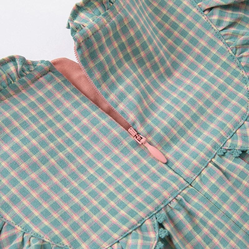 dave&bella Dave Bella Flower embroidery ruffle green check dress DB1220233