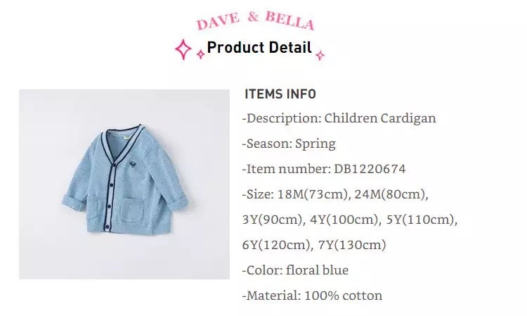 dave&bella Dave Bella logo embroidery blue cardigan DB1220674
