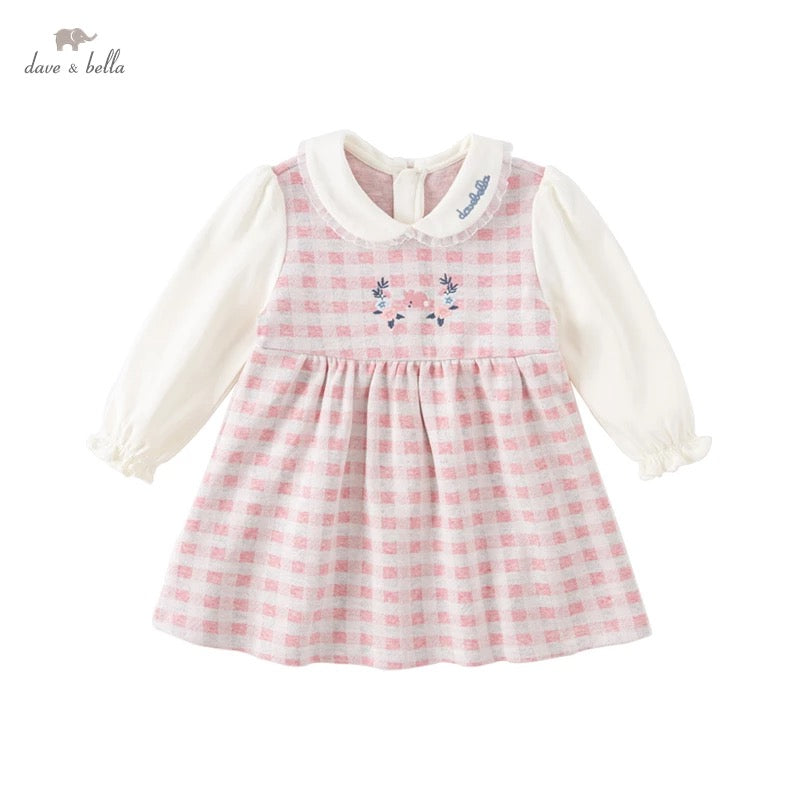 dave&bella デイブベラ フラワー&ラビット刺繍ピンクチェックワンピース DB3223117