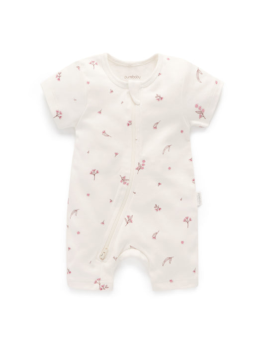 【0000 last one】Purebaby ピュアベビー S/S SHORT LEG ZIP GROWSUIT vanilla blossom PE1005ES