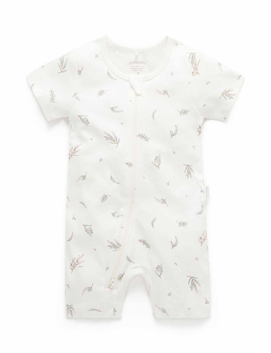 【00 last one】Purebaby ピュアベビー S/S SHORT LEG ZIP GROWSUIT  vanilla eucalyptus PE1005ES