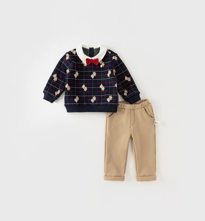 dave&amp;bella Dave Bella Teddy Bear Check Tops &amp; Pants Set with Bowtie DB4237710