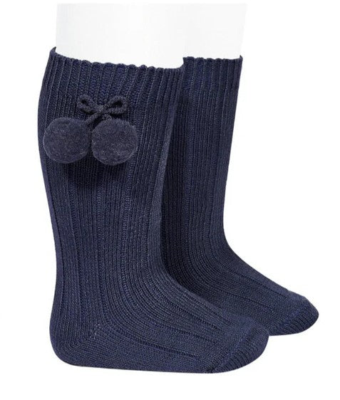 Condor コンドル　ポンポン付き ウォームコットン リブ ニーソックス Marino