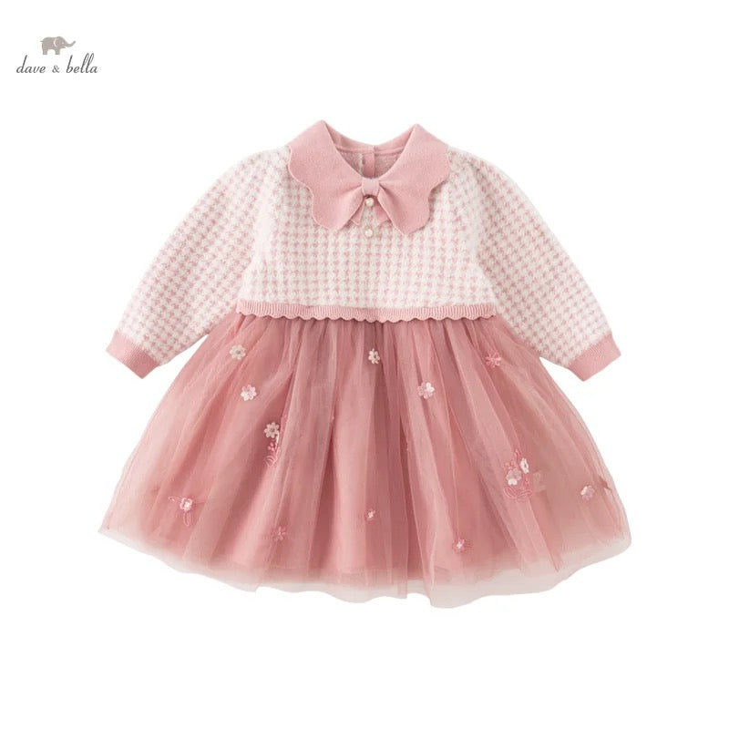 dave&amp;bella Dave Bella Flower embroidery tulle skirt pink ribbon collar dress DB4237720