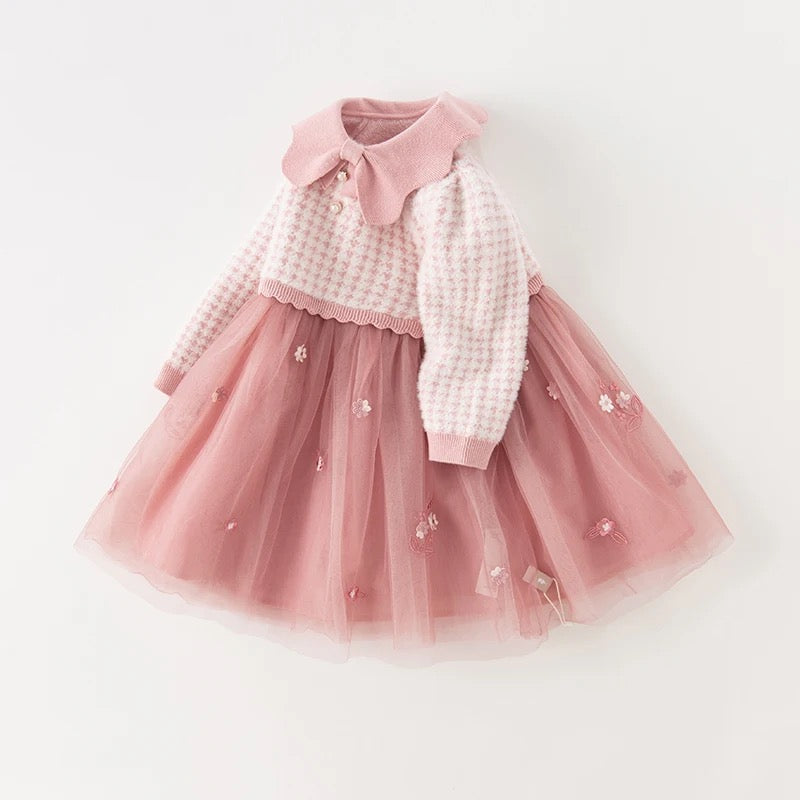 dave&amp;bella Dave Bella Flower embroidery tulle skirt pink ribbon collar dress DB4237720