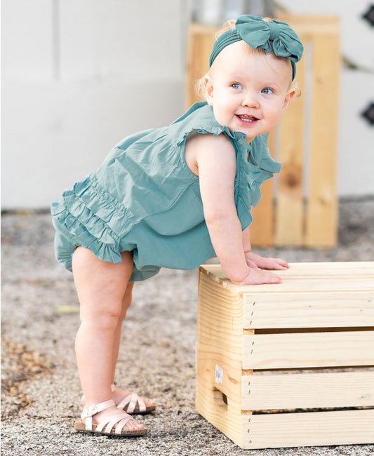 Ruffle Butts Marin Blue Slub Ruffled Bubble Romper