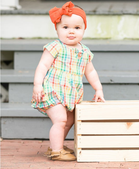 Ruffle Butts Rainbow Gingham Bow Detail Bubble Romper