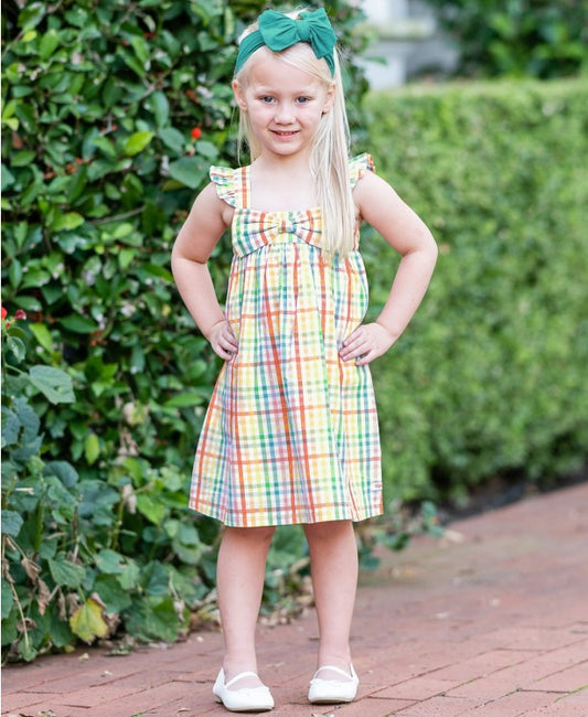 Ruffle Butts Rainbow Gingham Flutter Bow Dress