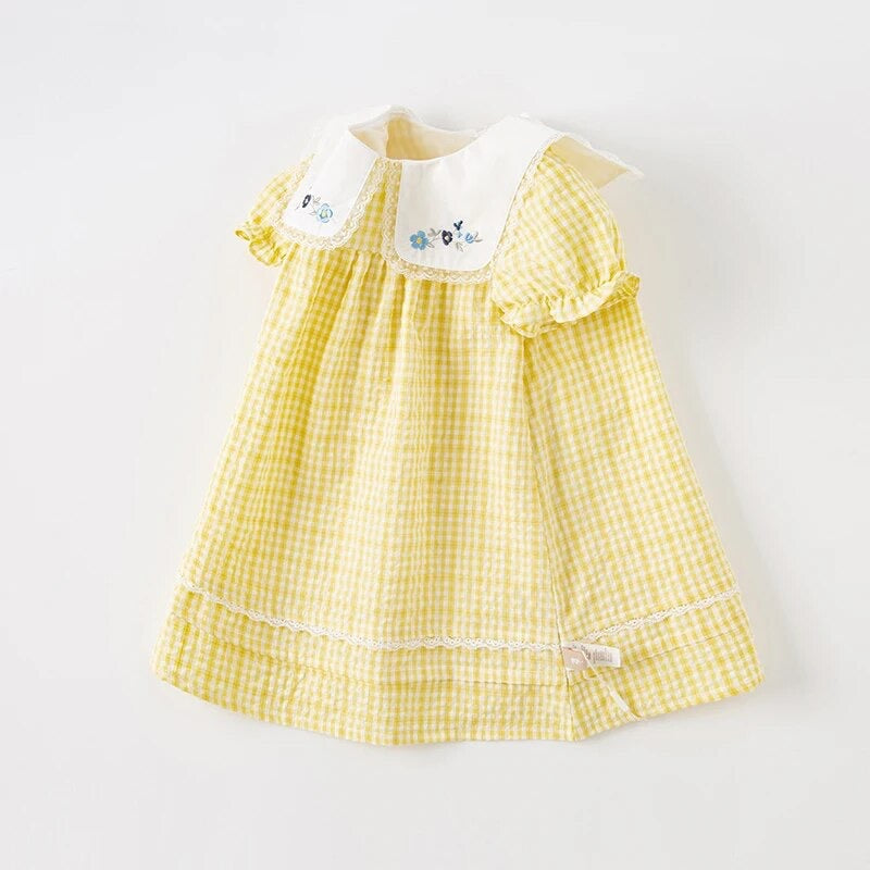 dave&amp;bella Dave Bella flower embroidery collar yellow check dress DB2235406