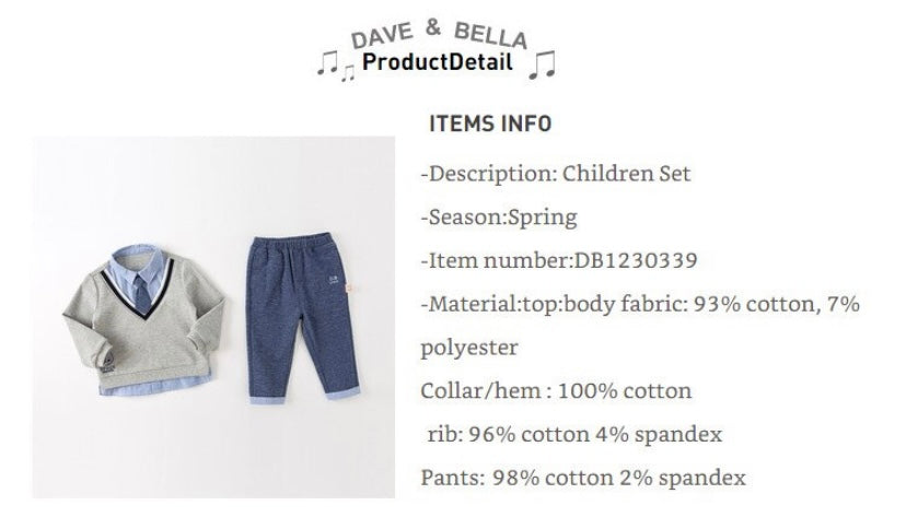 dave&amp;bella Dave Bella Blue Shirt Dock Tops &amp; Pants Set with Tie DB1230339 90cm