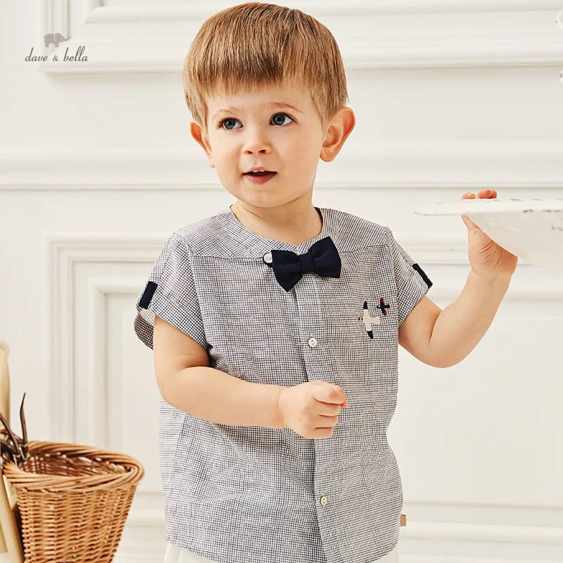 dave&amp;bella Seagull embroidery shirt with bowtie &amp; white pants set DB2234912