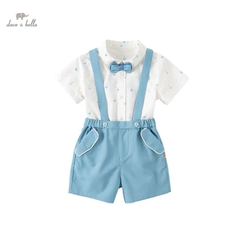 dave&amp;bella Ocean design shirt with bowtie &amp; suspenders light blue pants set DB2235186 90cm
