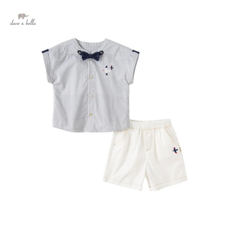dave&amp;bella Seagull embroidery shirt with bowtie &amp; white pants set DB2234912