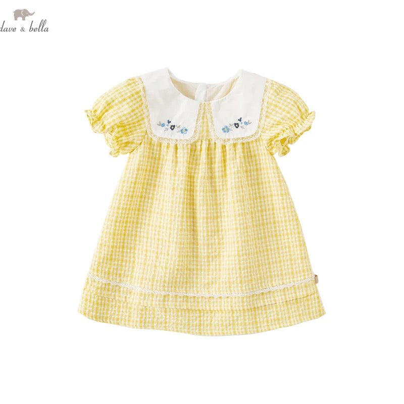 dave&amp;bella Dave Bella flower embroidery collar yellow check dress DB2235406