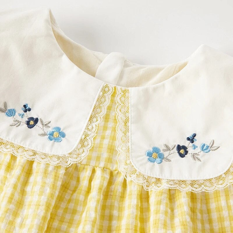 dave&amp;bella Dave Bella flower embroidery collar yellow check dress DB2235406