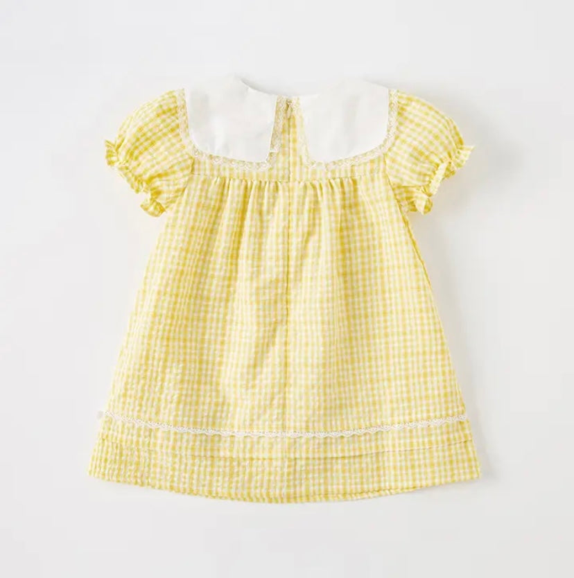 dave&amp;bella Dave Bella flower embroidery collar yellow check dress DB2235406