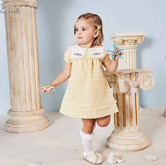 dave&amp;bella Dave Bella flower embroidery collar yellow check dress DB2235406