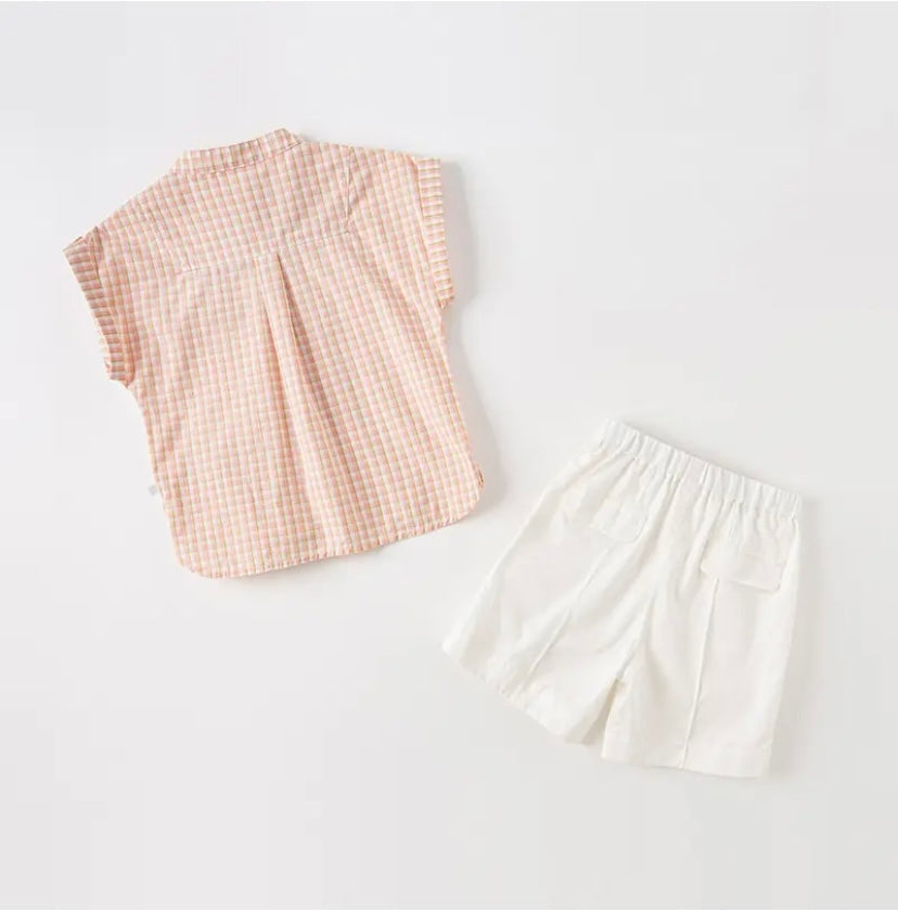 dave&amp;bella Dave Bella Collarless check shirt and shorts set with bowtie DB2233940