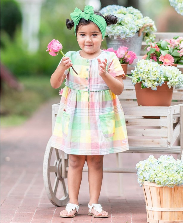 Ruffle Butts Cheerful Rainbow Plaid Pocket Dress