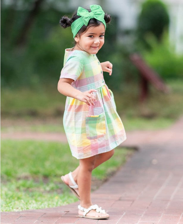 Ruffle Butts Cheerful Rainbow Plaid Pocket Dress