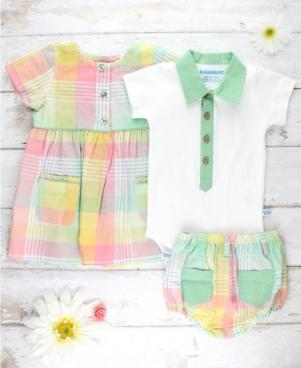 Ruffle Butts Cheerful Rainbow Plaid Pocket Dress