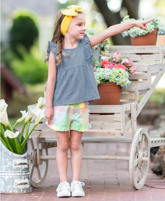 Ruffle Butts Cheerful Rainbow Plaid Ruffle Shorts