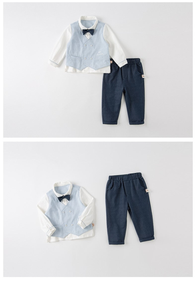 dave&amp;bella Light blue vest docking shirt and pants set with bowtie DB1230266