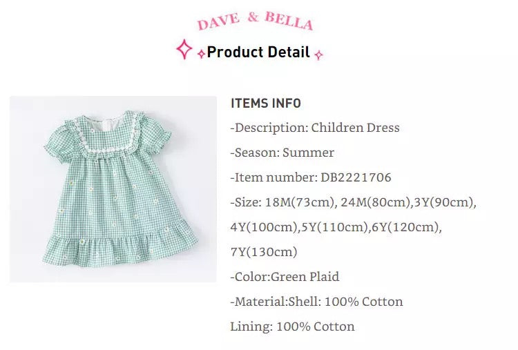 dave&amp;bella Dave Bella Flower embroidery green gingham check dress DB2221706