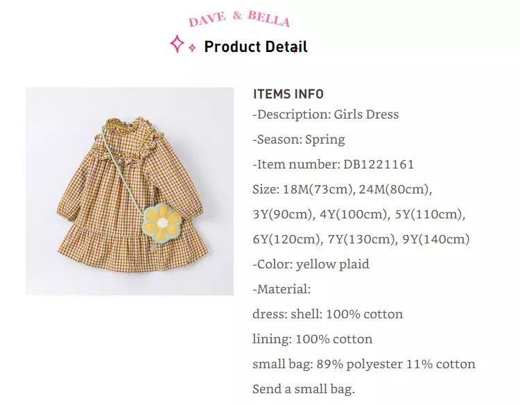 dave&amp;bella Yellow check dress with pochette DB1221161 100cm