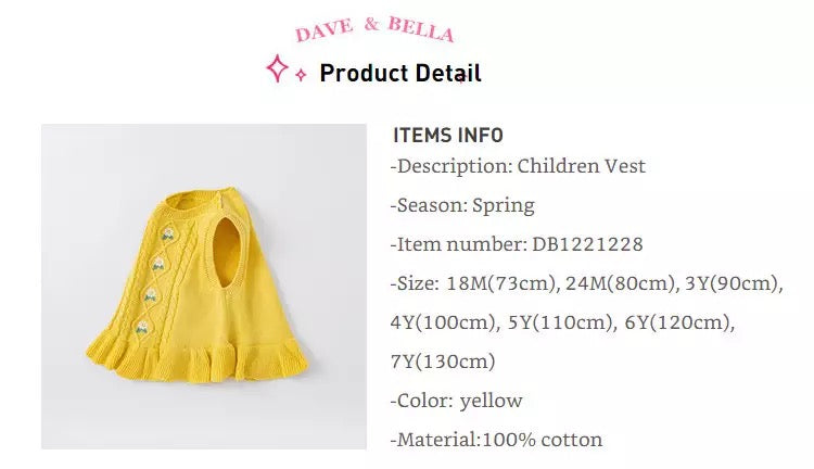 dave&amp;bella Dave Bella Flower Embroidery Yellow Vest DB1221228