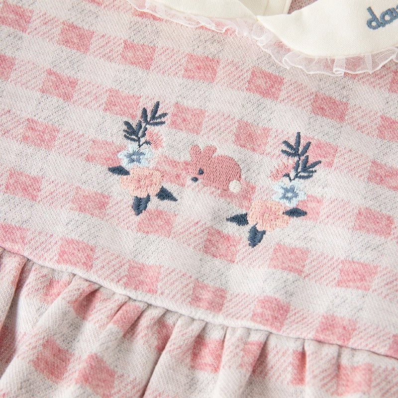 dave&amp;bella Dave Bella Flower &amp; Rabbit Embroidery Pink Check Dress DB3223117